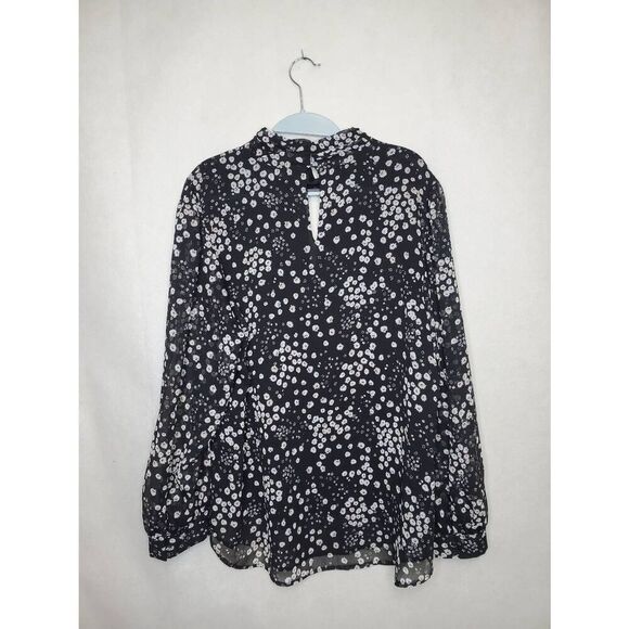 Karl Lagerfeld Paris Floral High Neck Key Hole Balloon Sleeve Semi Sheer Blouse - Picture 6 of 11